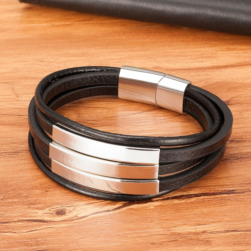 Pulseira Masculina Multicamadas de Couro e Aço Inoxidável