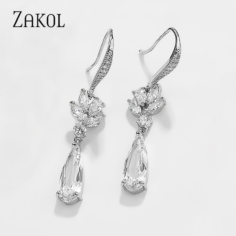 Brincos Nupciais de Zircônia Branca - Zakol Dangle