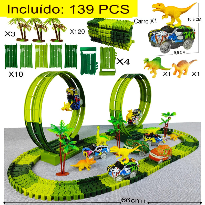 Kit de Brinquedo de Pista Flexível com Carros e Dinossauros Mágicos